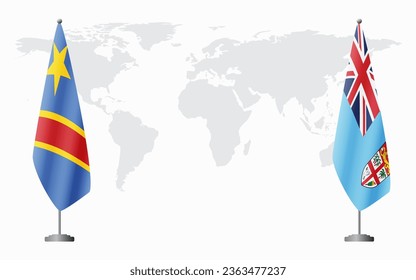 Democratic Republic of Congo and Fiji flags for official meeting against background of world map.