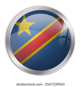 Democratic Republic of the Congo flag - glossy circle button displays a colorful flag representing a country cultural identity and heritage. The essence of national pride and unity.