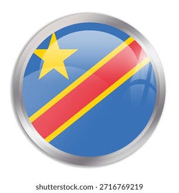 Democratic Republic of the Congo flag - glossy circle button in metal frame displays a colorful flag of a country cultural identity and heritage. The essence of national pride and unity.