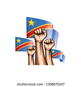 Democratic Republic of the Congo flag and hand on white background. Vector illustration