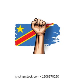 Democratic Republic of the Congo flag and hand on white background. Vector illustration