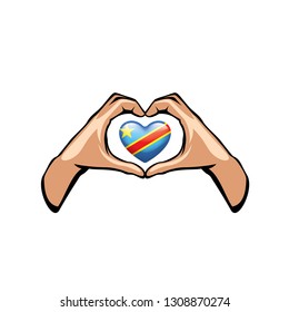 Democratic Republic of the Congo flag and hand on white background. Vector illustration