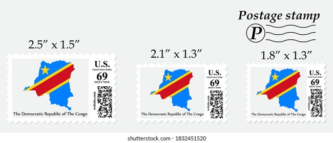 The Democratic Republic of The Congo flag map on postage stamp different size.