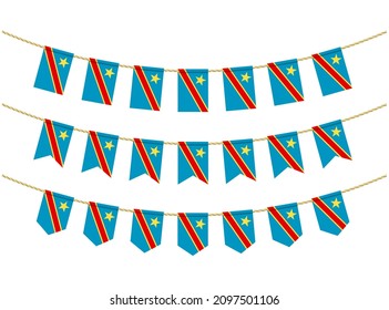 Democratic Republic of the Congo flag on the ropes on white background. Set of Patriotic bunting flags. Bunting decoration of Democratic Republic of the Congo flag
