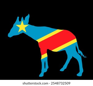 Democratic republic Congo flag over Okapi national animal vector silhouette illustration isolated on black background. National symbol of Africa country wild life. Patriotic invite for safari tourism.