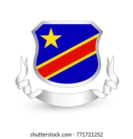 Democratic republic of the Congo flag in shield and ribbon. Vector illustration.