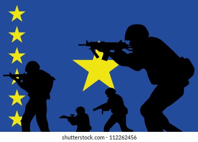 The Democratic Republic of Congo flag and the silhouette of a soldiers