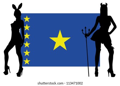 The Democratic Republic of Congo flag with silhouettes of women in sexy costumes