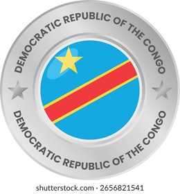 Democratic Republic of the Congo flag in silver colored medal. National flag in metal circle emblem.