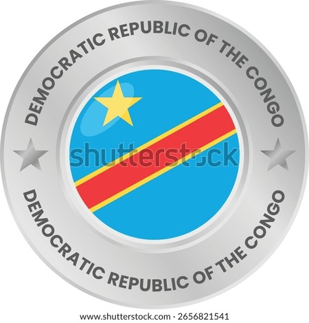 Democratic Republic of the Congo flag in silver colored medal. National flag in metal circle emblem.