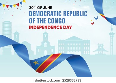 Democratic Republic of Congo Flag Waving On Skyline Background. Independence Day Concept Design Vector Illustration.