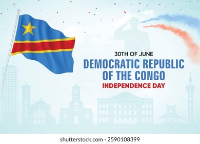 Democratic Republic of Congo Flag Waving On Skyline Background. Independence Day Concept Design Vector Illustration.