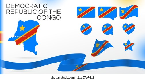 Democratic Republic of the Congo flags set. Various designs. Map and capital city. World flags. Vector set. Circle icon. Template for independence day. Collection of national symbols. Africa
