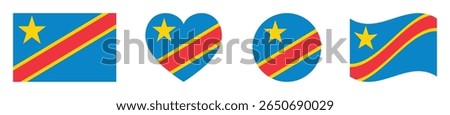 Democratic Republic of the Congo flags set in square, heart, circle and waving formats. Set of Democratic Republic of the Congo flags icons isolated on white background. Vector illustration.