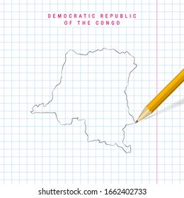 Democratic Republic of the Congo freehand pencil sketch outline map on checkered school notebook background. Realistic 3D pencil with soft shadow.