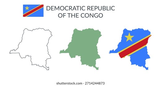 Fronteiras geográficas da República Democrática do Congo isoladas sobre fundo branco. Bandeira da República Democrática do Congo. Cliparts planas vetoriais.