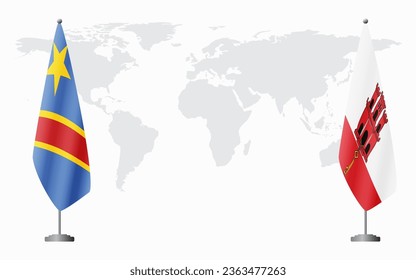 Democratic Republic of Congo and Gibraltar flags for official meeting against background of world map.
