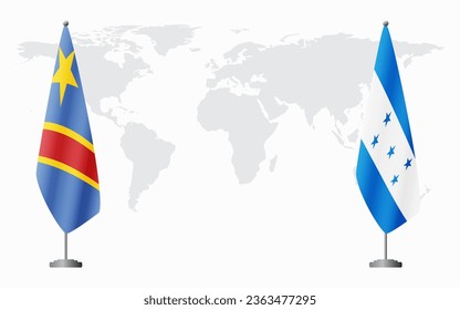 Banderas de la República Democrática del Congo y Honduras para una reunión oficial en el contexto del mapa mundial.