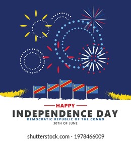 Democratic Republic of the Congo independence day celebration vector template. African nation holiday greeting card with flags and fireworks.