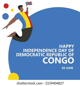 Democratic Republic of Congo independence day celerbation vector illustration with a man jumping and holding the flag. African country public holiday celebrated annually on June 30.