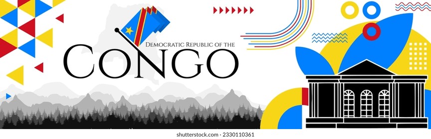 Democratic Republic of the Congo Independence Day abstract banner design with flag and map. Flag color theme geometric pattern retro modern Illustration design. Blue, yellow and red color template.