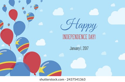 The Democratic Republic Of The Congo Independence Day Sparkling Patriotic Poster. Row of Balloons in Colors of the Congolese Flag. Greeting Card with National Flags, Blue Skyes and Clouds.