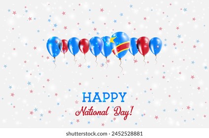 The Democratic Republic Of The Congo Independence Day Sparkling Patriotic Poster. Row of Balloons in Colors of the Congolese Flag. Greeting Card with National Flags, Confetti and Stars.