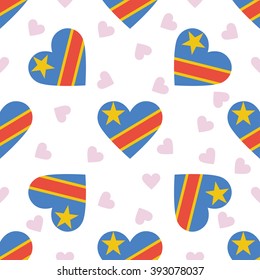 Democratic Republic of the Congo independence day seamless pattern. Patriotic country flag background. Democratic Republic of the Congo flag in the shape of heart. Vector seamless pattern.