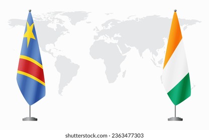 Democratic Republic of Congo and Ivory Coast flags for official meeting against background of world map.