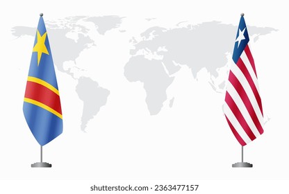 Democratic Republic of Congo and Liberia flags for official meeting against background of world map.