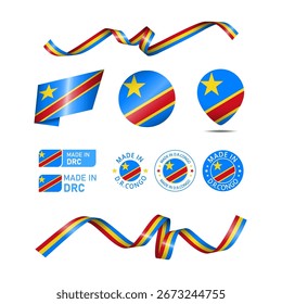 Demokratische Republik Kongo, hergestellt in Logo. Set von Design-Fahnen-Label-Symbol, Streifen, Bänder