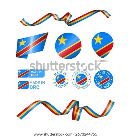 Democratic Republic of the Congo made in logo. Set of design flags label icon, stripes, ribbons