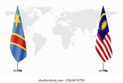 Democratic Republic of Congo and Malaysia flags for official meeting against background of world map.