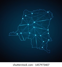 Democratic Republic of the Congo Map - Abstract geometric mesh polygonal network line, structure and point scales on dark background with lights in the form of cities. Vector illustration eps 10.