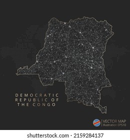 Mapa de la República Democrática del Congo, concepto abstracto de malla geométrica de luz poligonal con líneas de contorno en blanco y negro, países y puntos sobre fondo oscuro. Ilustración vectorial.