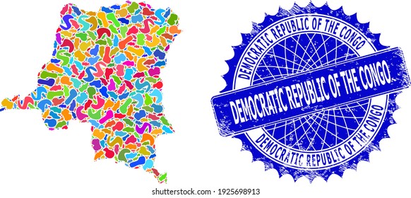 Democratic Republic of the Congo map abstraction. Spot pattern map and corroded badge for Democratic Republic of the Congo. Sharp rosette blue badge with tag for Democratic Republic of the Congo map.