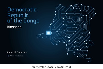 Die Karte der Demokratischen Republik Kongo mit der Hauptstadt Kinshasa ist im Mikrochip-Muster mit Prozessor dargestellt. E-Government. In: World Countrys Vektorgrafik Maps. Mikrochipserie	