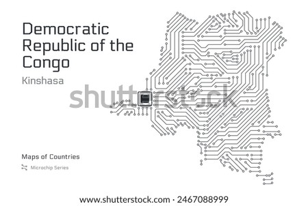 Democratic Republic of the Congo Map with a capital of Kinshasa Shown in a Microchip Pattern with processor. E-government. World Countries vector maps. Microchip Series	