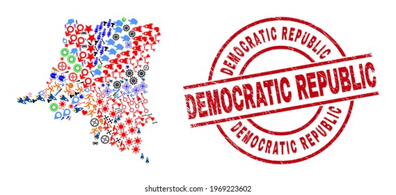 Democratic Republic of the Congo map collage and distress Democratic Republic red round stamp seal. Democratic Republic stamp uses vector lines and arcs.