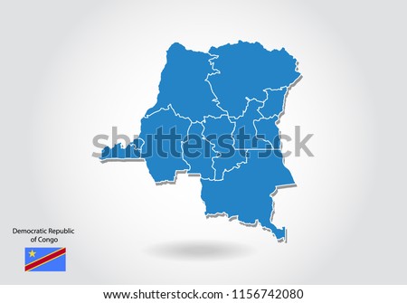 Democratic Republic of Congo map design with 3D style. Blue Republic of Congo map and National flag. Simple vector map with contour, shape, outline, on white.