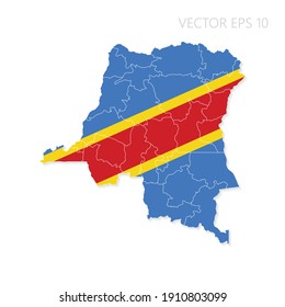 Democratic Republic of the Congo map with flag and shadow isolated on white background. Vector illustration EPS10.