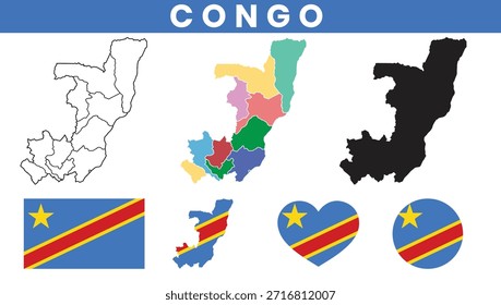 Democratic Republic of the Congo map and flag vector collection