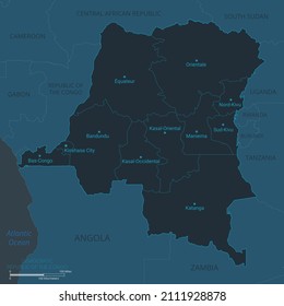 Democratic republic of the Congo map. High detailed map of Democratic republic of the Congo with countries, borders, cities, water objects. Vector illustration eps10