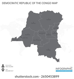Democratic republic of the Congo map high detailed with regions and cities of the country on white background. Vector illustration EPS10.