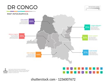 Democratic republic of congo map infographics with editable separated layers, zones, elements and district area in vector