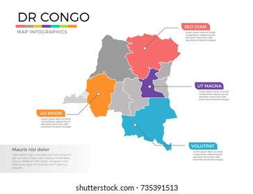 Democratic republic of congo map infographics vector template with regions and pointer marks