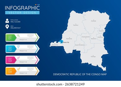 Democratic republic of the Congo map with location pointer marks. High detailed country map with division, cities and capital infographic template. Vector illustration EPS10