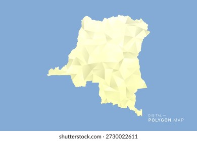 República Democrática del Congo Mapa en estilo de Vector de polígono bajo, ilustración de forma geométrica con tonos amarillos suaves sobre fondo azul, silueta limpia para infografía.