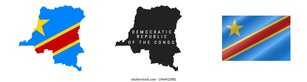 Democratic Republic of the Congo. Map with masked flag. Detailed silhouette. Waving flag. Vector illustration isolated on white.