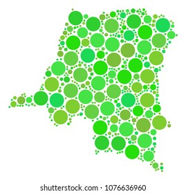 Democratic Republic Of The Congo Map mosaic of scattered filled circles in variable sizes and green shades. Vector small spheres are combined into democratic republic of the congo map illustration.
